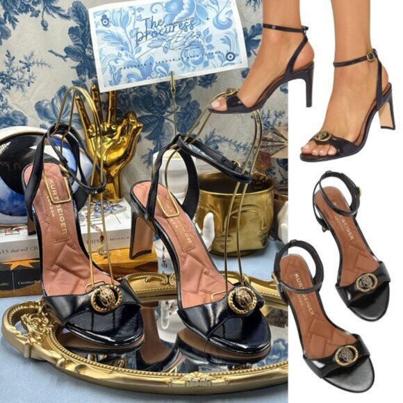 🆕 KURT GEIGER LONDON 🧿 NWOB Chelsea Heel Sandal, Black Patent - Sz 38 US 7.5 - Picture 1 of 12